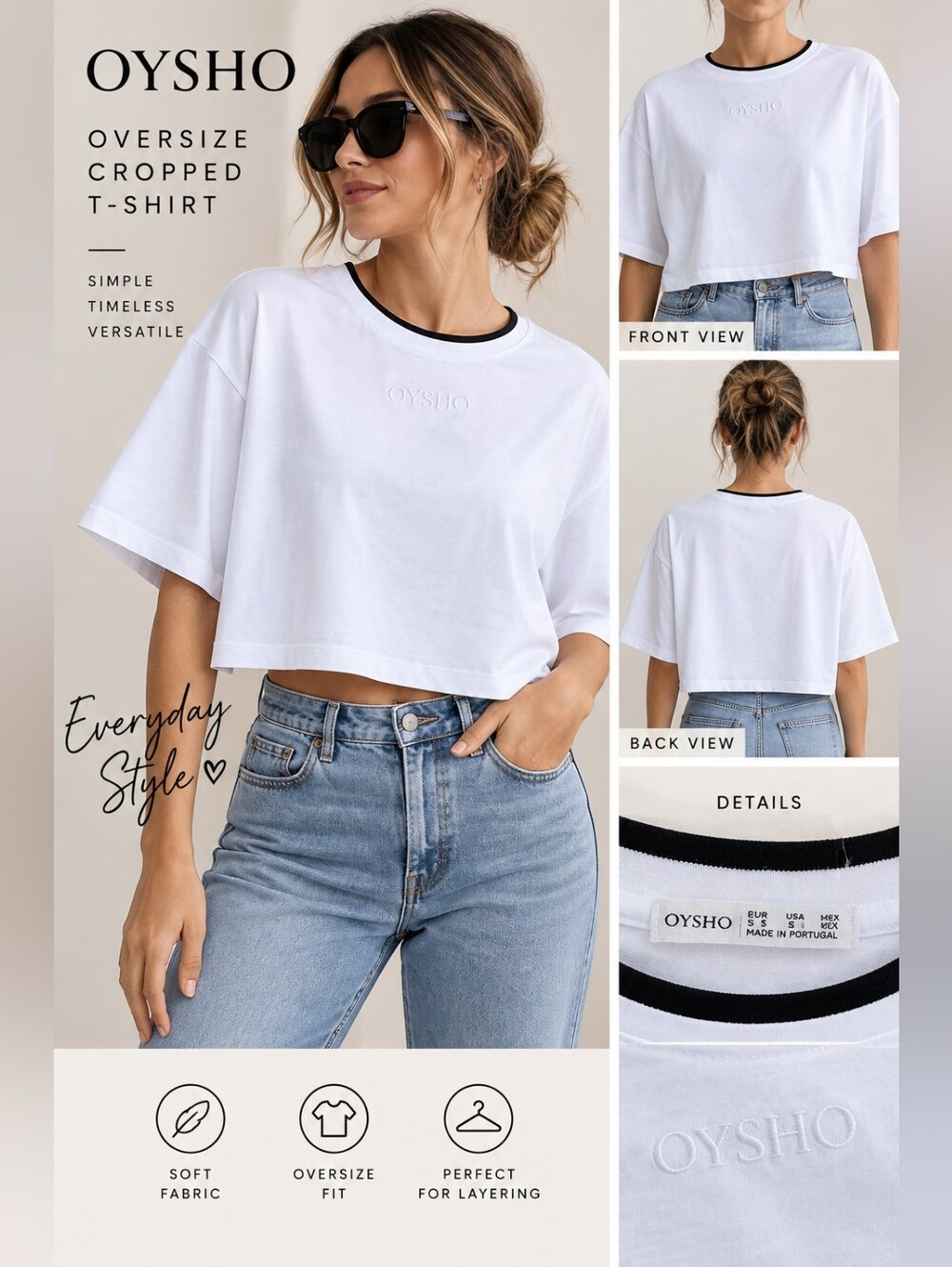 OYSHO White Oversized Cropped T-Shirt Size S